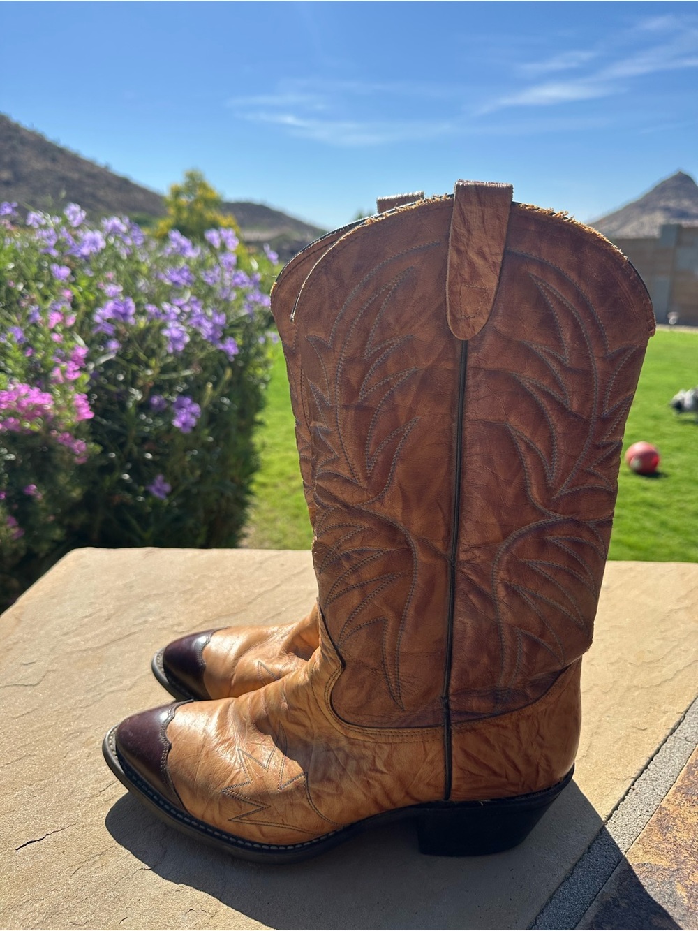 Texas All American Made Classic Tan Leather Cowboy Boots Dark Brown Toe Men 10.5